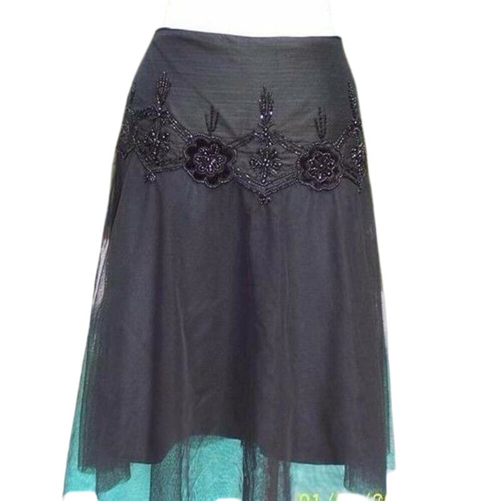 Cache Luxe Black Mesh Layer Bead Embellished New Event Office Skirt NWT $158